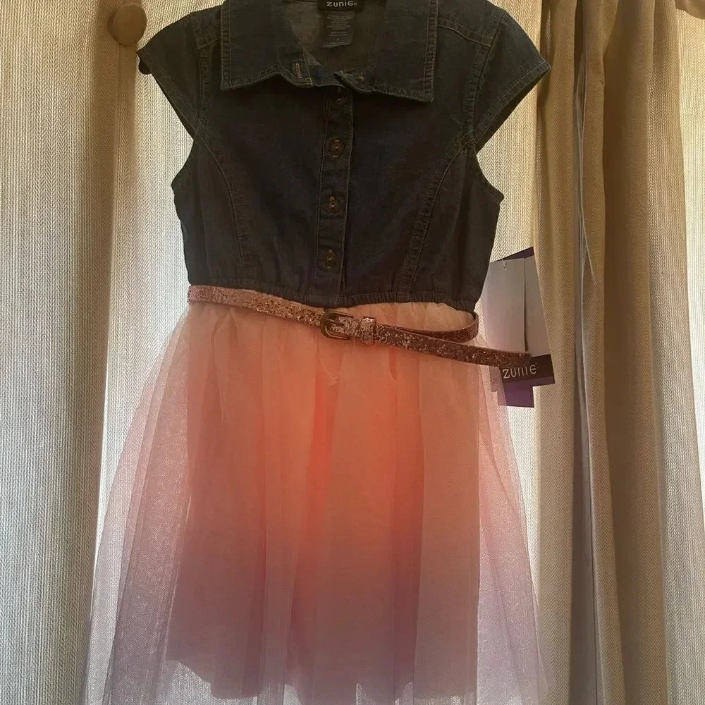 Zunie Kids' Dress size 4 Jean connected Top with Mesh Skirt & Pink Glitter Belt
